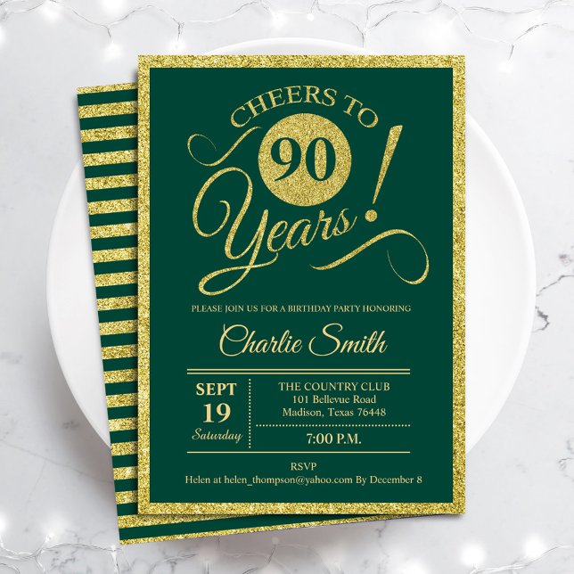 Invitación Fiesta de cumpleaños 90 - CUALQUIER EDAD Oro Verde (Subido por el creador)