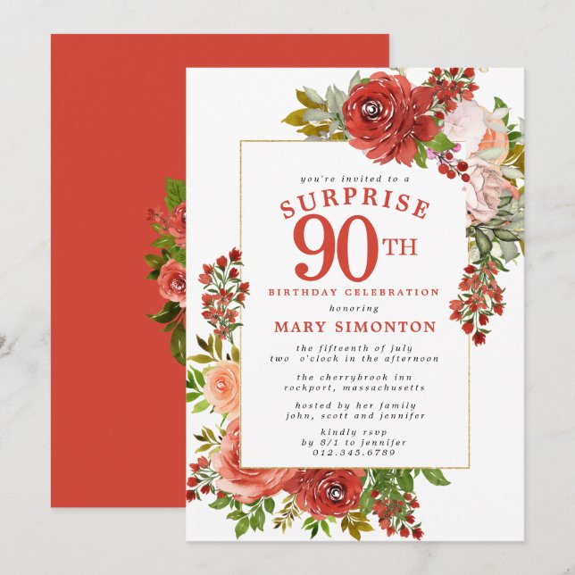 Invitación FIESTA DE CUMPLEAÑOS 90 Cumpleaños Rosa Roja Rosa (Anverso / Reverso)