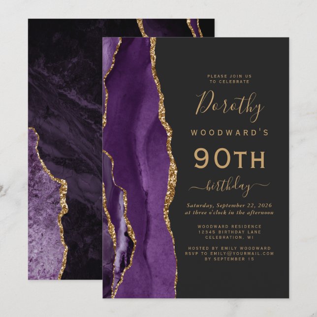 Invitación Fiesta de cumpleaños 90 Dark Purple Gold Agate (Anverso / Reverso)