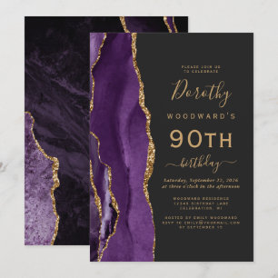 Invitación Fiesta de cumpleaños 90 Dark Purple Gold Agate