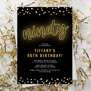 Invitación Fiesta de cumpleaños 90 de Adult Gold Neon