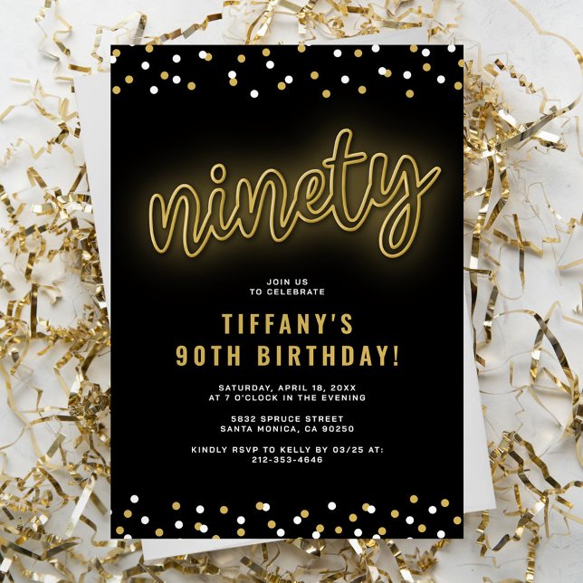 Invitación Fiesta de cumpleaños 90 de Adult Gold Neon (Subido por el creador)
