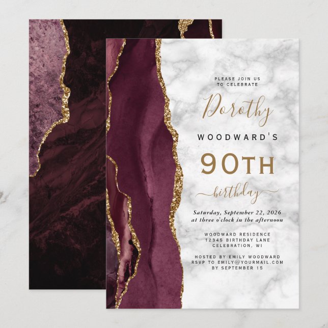 Invitación Fiesta de cumpleaños 90 de Burgundy Gold Agate Mar (Anverso / Reverso)