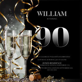 Invitación Fiesta de cumpleaños 90 de color negro y plata min