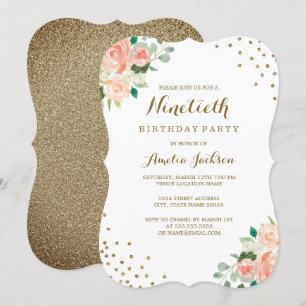 Invitación Fiesta de Cumpleaños 90 de Confeti Floral Dorado M