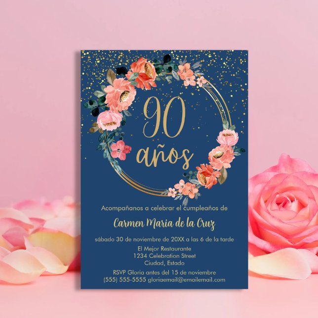 Invitación Fiesta de cumpleaños 90 de Floral Azul Elegante Es (Subido por el creador)