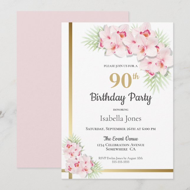 Invitación Fiesta de cumpleaños 90 de Floral Rosa y Oro (Anverso / Reverso)