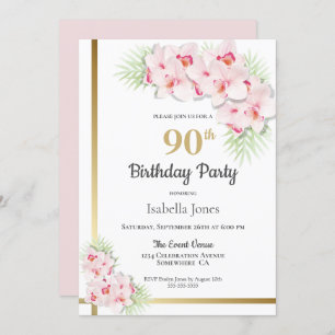 Invitación Fiesta de cumpleaños 90 de Floral Rosa y Oro