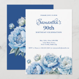 Invitación Fiesta de cumpleaños 90 de flores azules acuarela