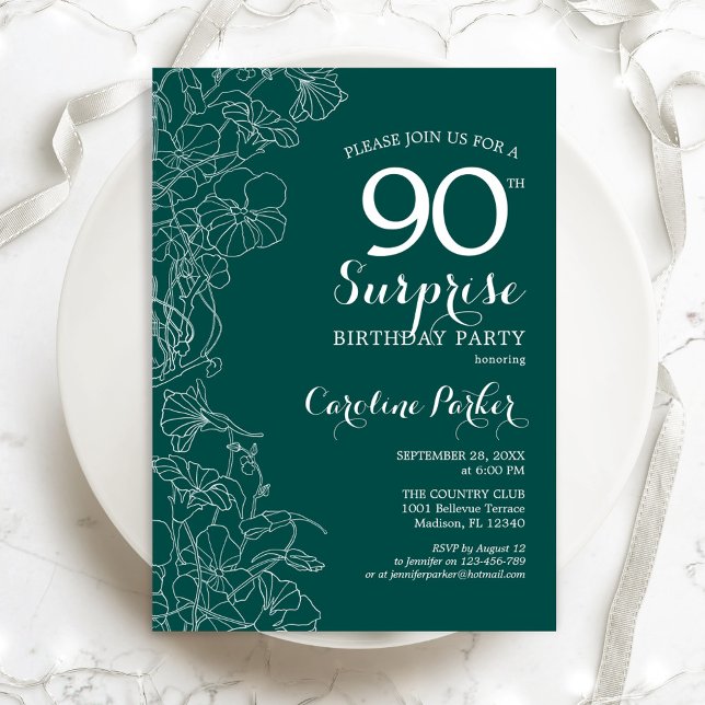 Invitación Fiesta de cumpleaños 90 de Green Floral Surprise (Subido por el creador)