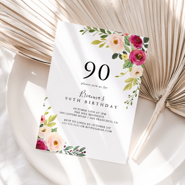 Invitación Fiesta de cumpleaños 90 de GreenPink Rubor Floral (Subido por el creador)