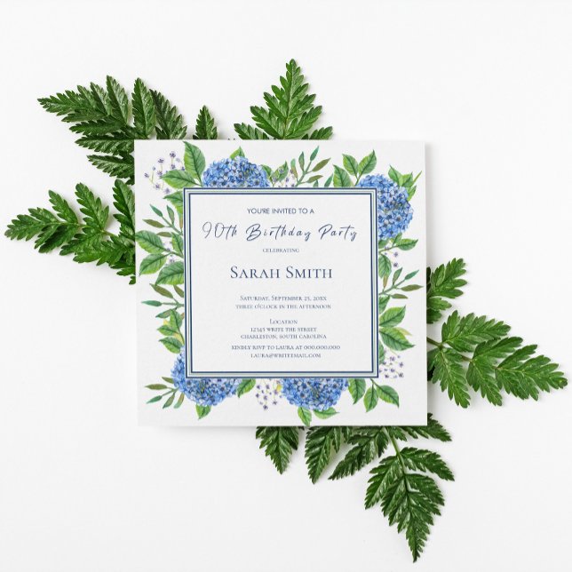 Invitación Fiesta de cumpleaños 90 de Hortensias Azules Acuar (Subido por el creador)