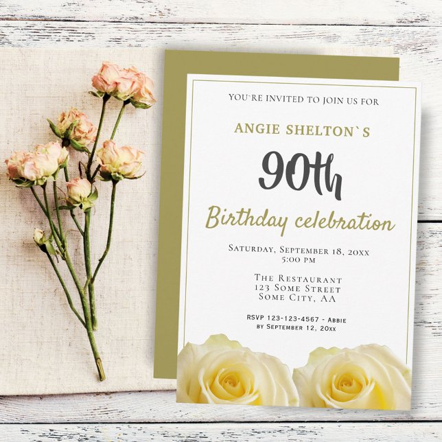 Invitación Fiesta de cumpleaños 90 de la flor rosa amarilla (Subido por el creador)