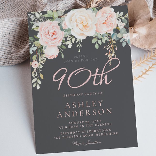 Invitación Fiesta de cumpleaños 90 de la floral elegante Rubo (Subido por el creador)