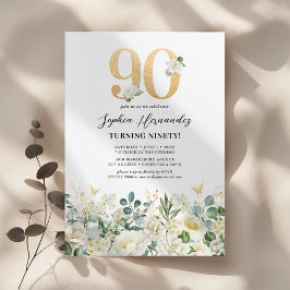 Invitación Fiesta de cumpleaños 90 de la floral verde y blanc