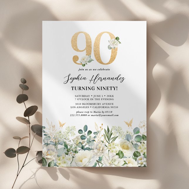 Invitación Fiesta de cumpleaños 90 de la floral verde y blanc (Subido por el creador)