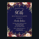 Invitación Fiesta de cumpleaños 90 de la Marina Borgoña elega<br><div class="desc">Más invitaciones florales de cumpleaños en la Pequeña Tienda Bayleigh!</div>