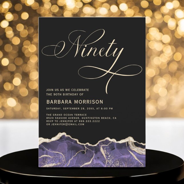 Invitación Fiesta de cumpleaños 90 de la Purple Gold Agate (Subido por el creador)