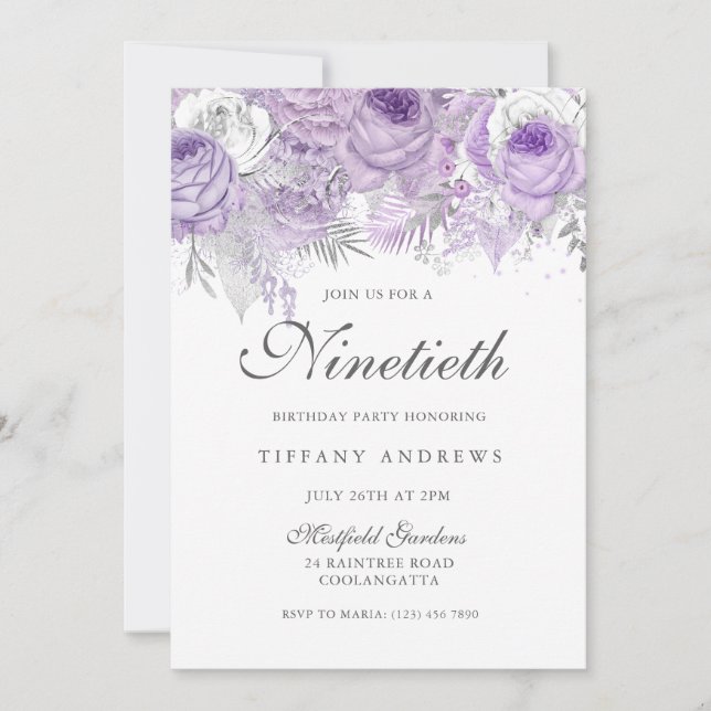 Invitación Fiesta de cumpleaños 90 de Lavender Purple Silver  (Anverso)