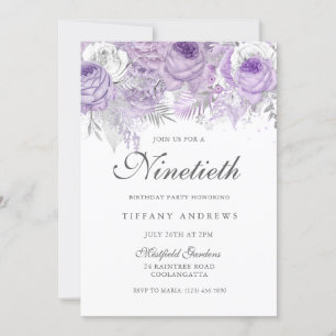 Invitación Fiesta de cumpleaños 90 de Lavender Purple Silver