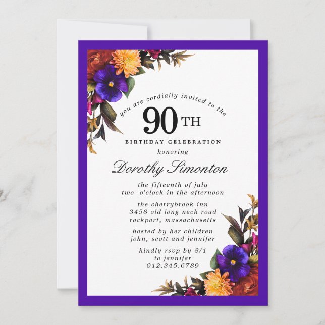Invitación Fiesta de cumpleaños 90 de Morado Amarillo Morado (Anverso)