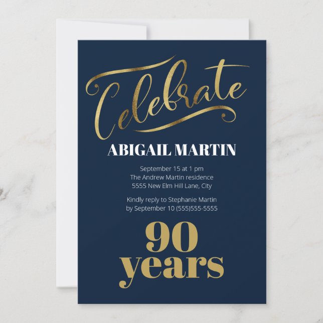 Invitación Fiesta de cumpleaños 90 de Navy Blue Gold (Anverso)