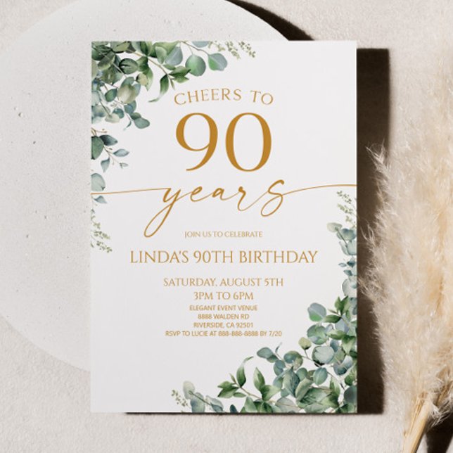 Invitación Fiesta de cumpleaños 90 de oro de eucalipto verde (Subido por el creador)