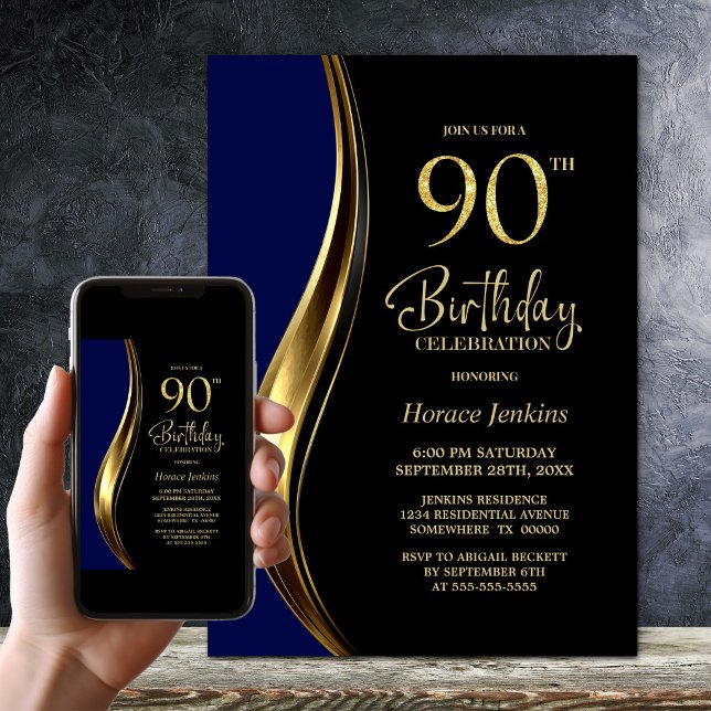 Invitación Fiesta de Cumpleaños 90 de Oro Negro Azul (Subido por el creador)