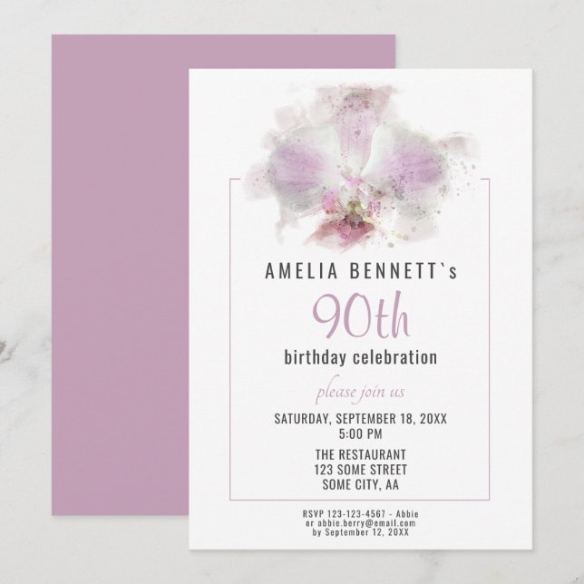 Invitación Fiesta de cumpleaños 90 de orquídea floral acuarel (Anverso / Reverso)