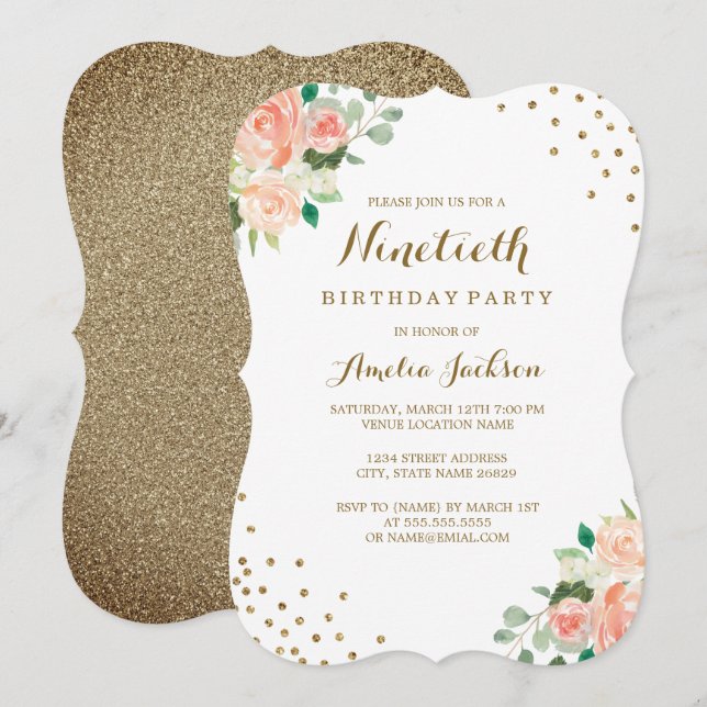 Invitación Fiesta de cumpleaños 90 de Peach Gold Floral Confe (Anverso / Reverso)