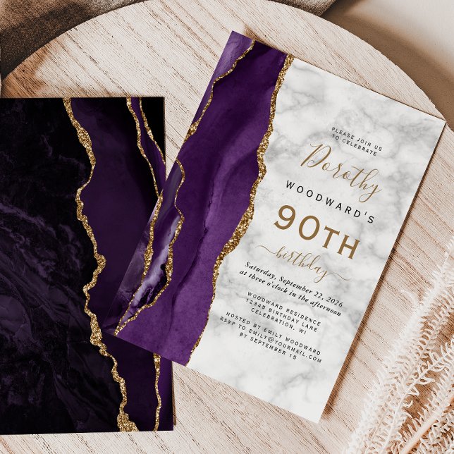 Invitación Fiesta de cumpleaños 90 de Purple Gold Agate Marbl (Subido por el creador)