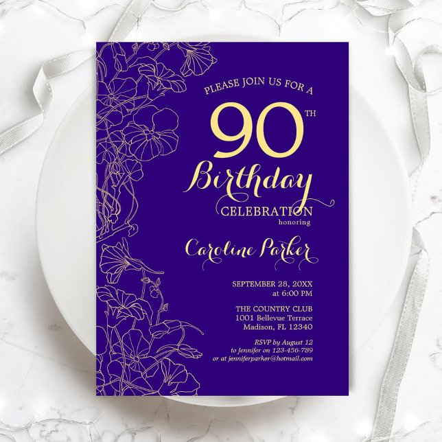 Invitación Fiesta de cumpleaños 90 de Purple Gold Floral (Subido por el creador)