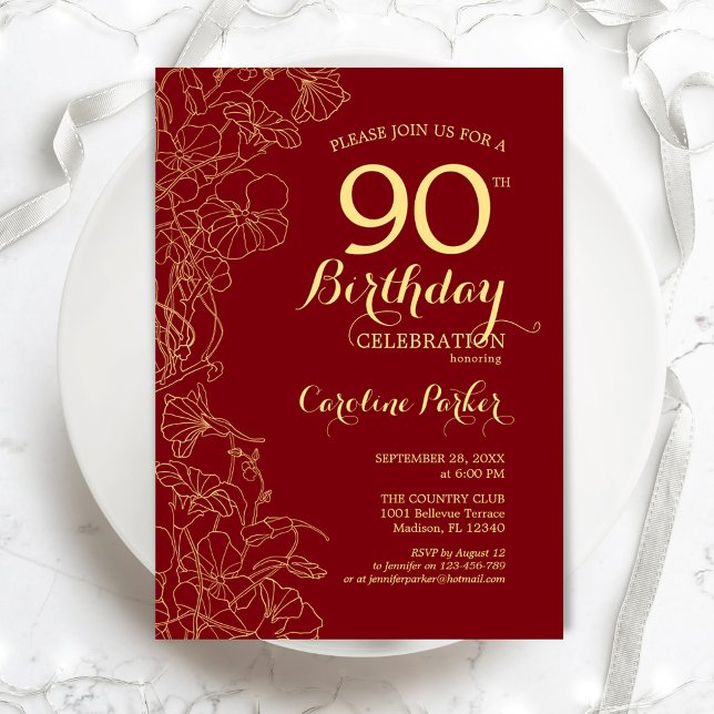 Invitación Fiesta de cumpleaños 90 de Red Gold Floral (Subido por el creador)