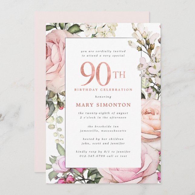 Invitación Fiesta de cumpleaños 90 de Rubor Pink Floral (Anverso / Reverso)
