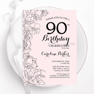 Invitación Fiesta de cumpleaños 90 de Rubor Pink Floral