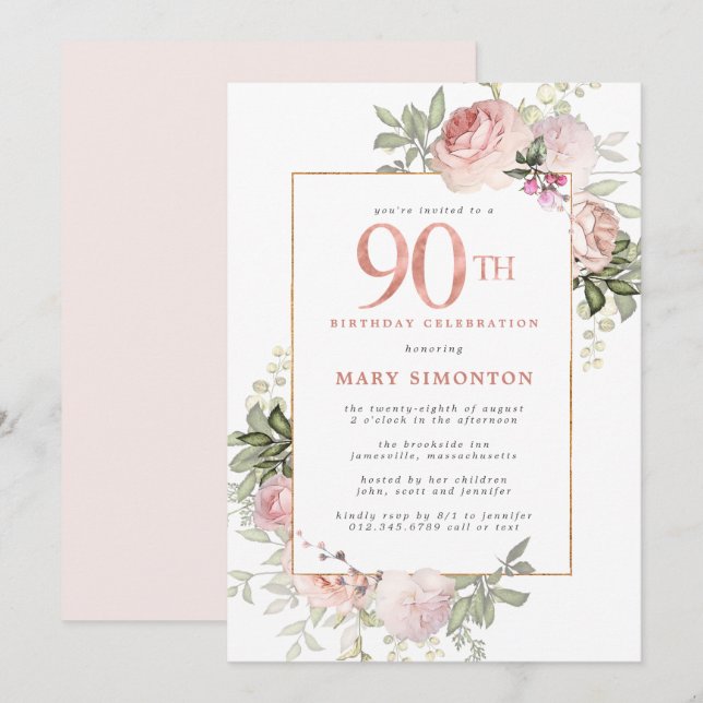 Invitación Fiesta de cumpleaños 90 de Rubor Pink Gold Floral (Anverso / Reverso)