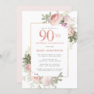 Invitación Fiesta de cumpleaños 90 de Rubor Pink Gold Floral