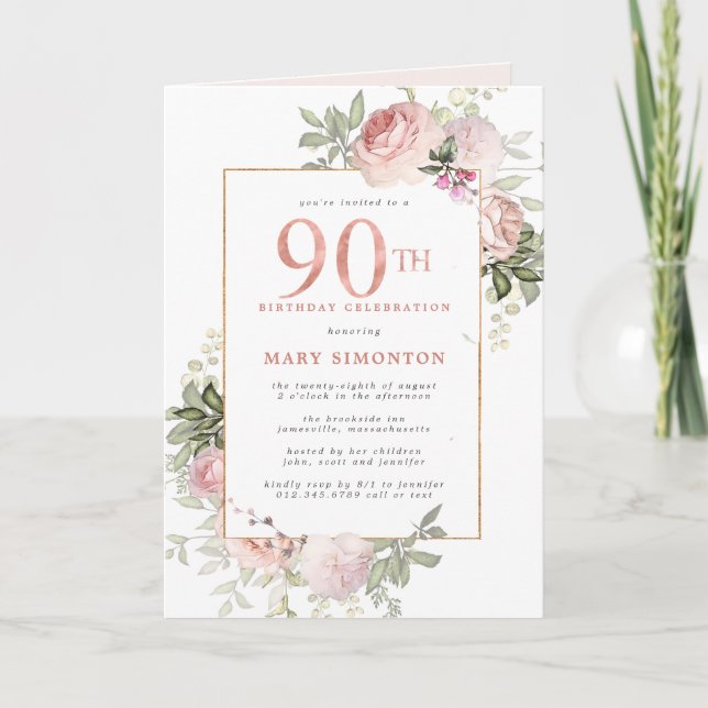 Invitación Fiesta de cumpleaños 90 de Rubor Pink Gold Floral (Anverso)