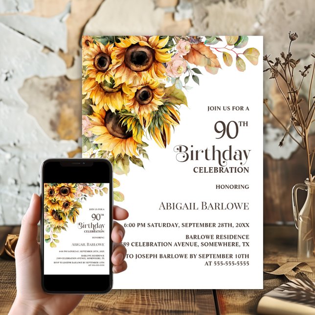 Invitación Fiesta de cumpleaños 90 de Rustic Sunflower Floral (Subido por el creador)