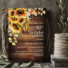 Invitación Fiesta de cumpleaños 90 de Rustic Sunflower Wood