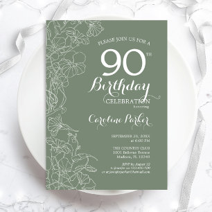 Invitación Fiesta de cumpleaños 90 de Sage Green Floral
