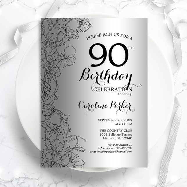 Invitación Fiesta de cumpleaños 90 de Silver Black Floral (Subido por el creador)