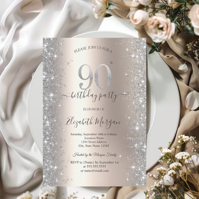 Invitación Fiesta de cumpleaños 90 de Silver Sparkle Diamonds (Subido por el creador)