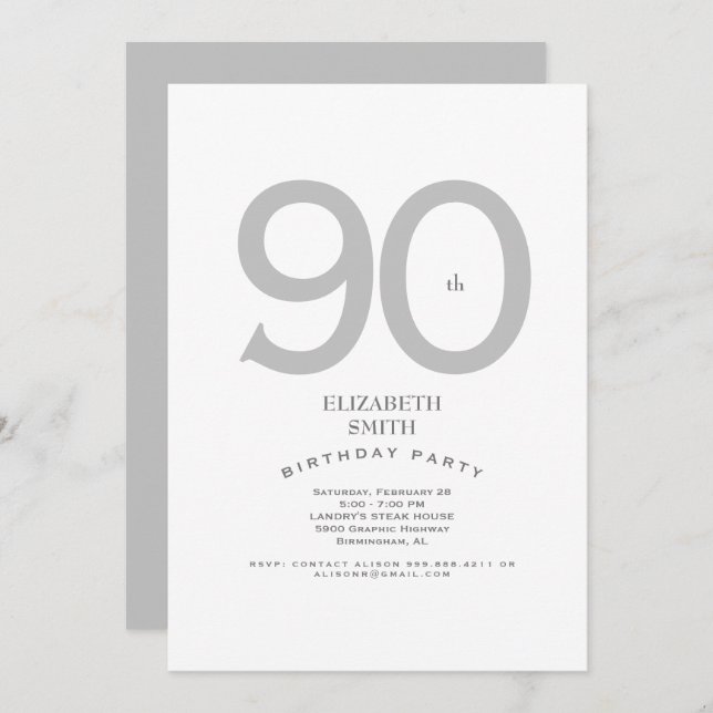 Invitación Fiesta de cumpleaños 90 de Silver y White Elegant (Anverso / Reverso)