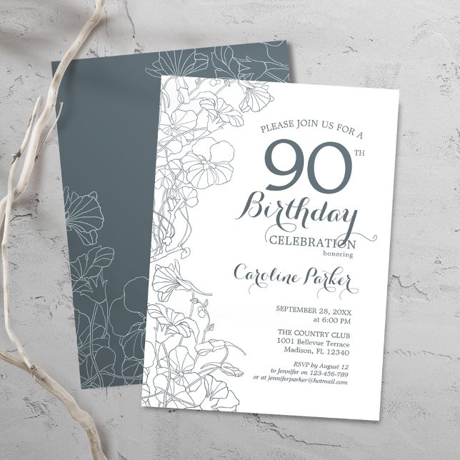 Invitación Fiesta de cumpleaños 90 de Slate Blue Floral (Subido por el creador)