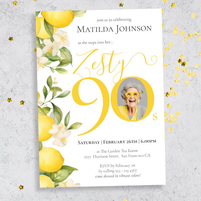 Invitación Fiesta de cumpleaños 90 de Zesty Lemon Photo (Mockup View)