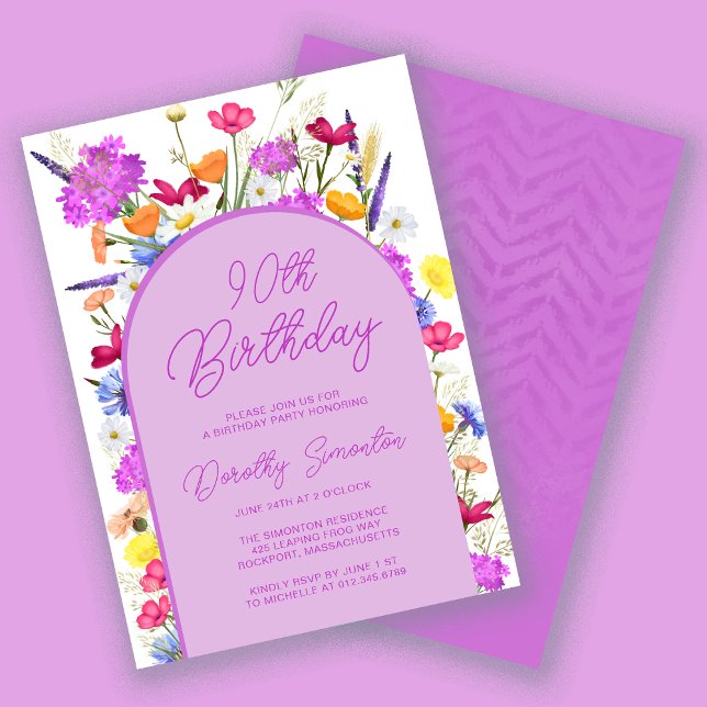 Invitación Fiesta de cumpleaños 90 del Arco Boho Purple Wildf (Subido por el creador)