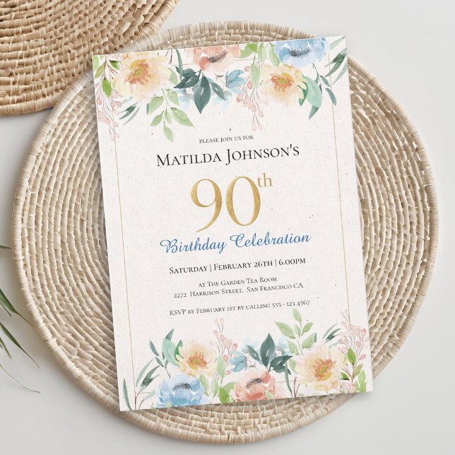 Invitación Fiesta de cumpleaños 90 Elegante Floral (Elegant Floral 90th Birthday Party Invitation)