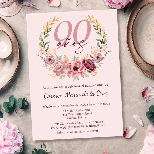 Invitación Fiesta de Cumpleaños 90 Elegante Floral Rosa Españ (Subido por el creador)