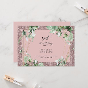Invitación Fiesta de cumpleaños 90 Elegante Foliage Rosa Glam